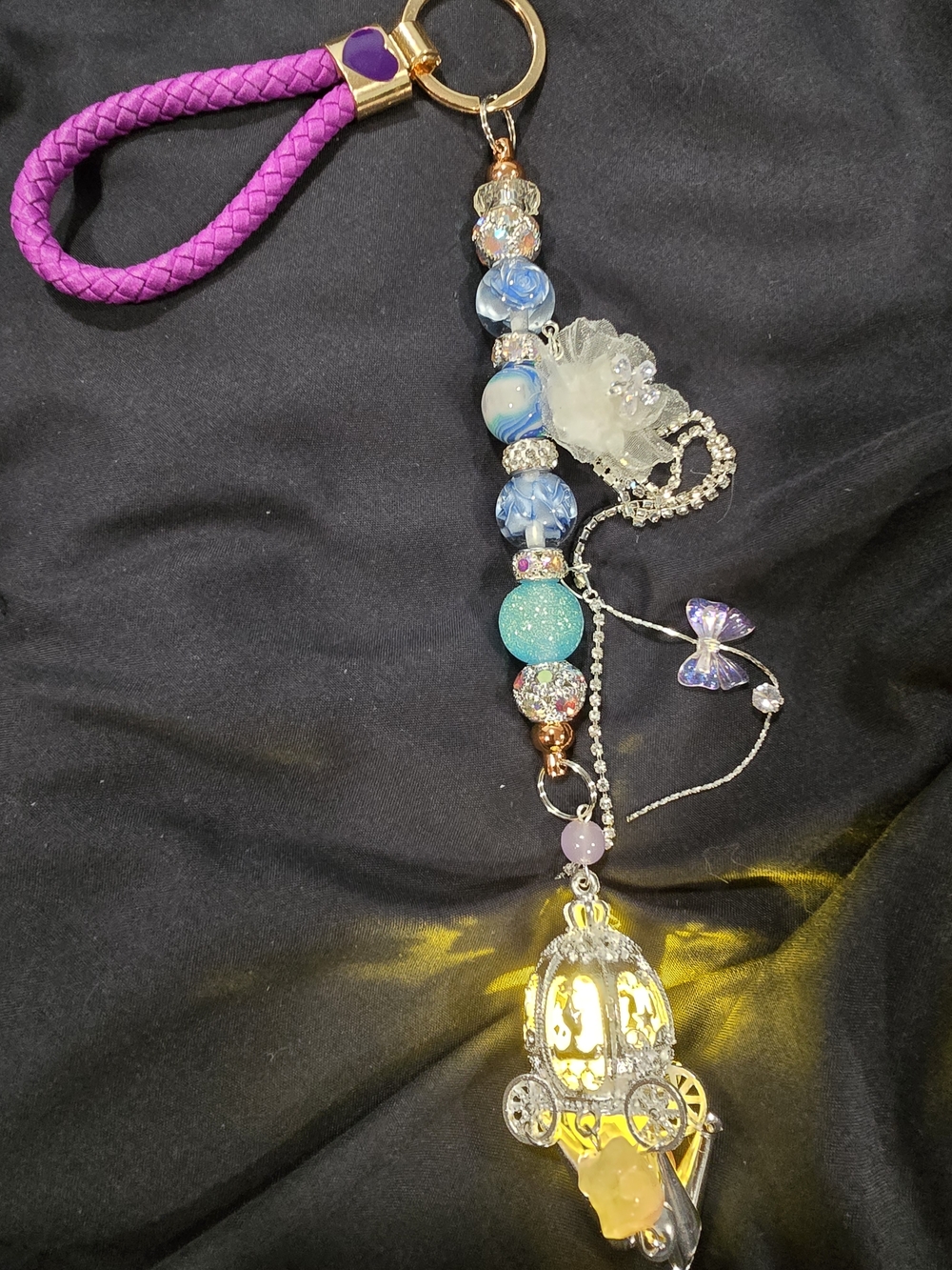 Handmade Purple and Blue Beaded Keychain with Gold Carriage Pendant